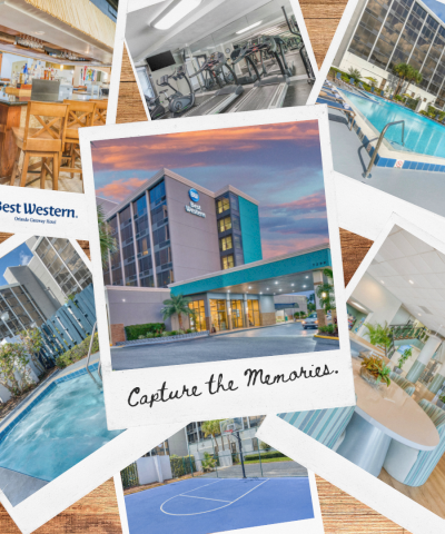Collage of hotel facilities: lobby, pool, gym, dining, and courts, labeled "Capture the Memories," with Best Western logo in the corner.