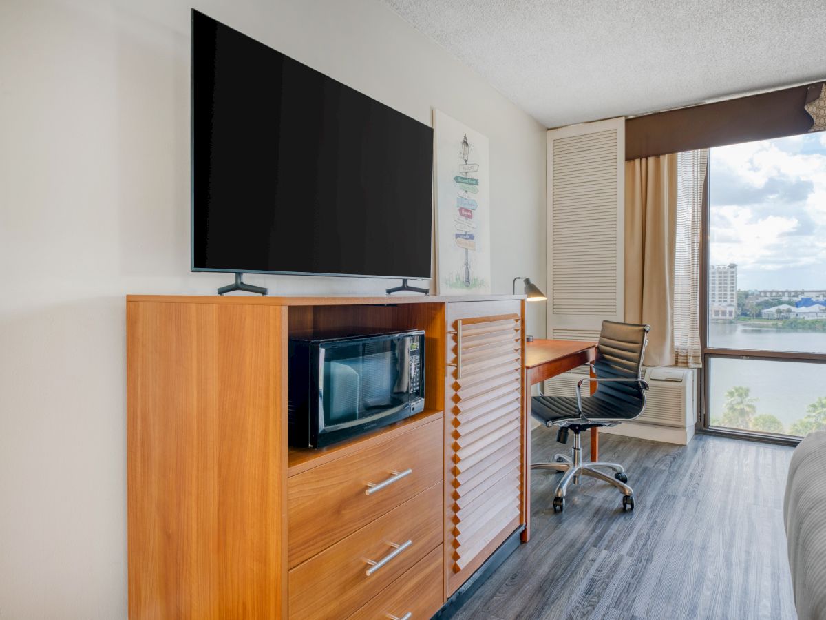 The image shows a hotel room with a TV, microwave, desk, chair, and large window with a city view.