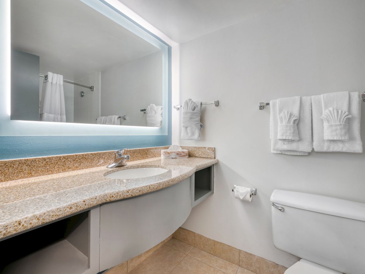The image shows a modern bathroom with a large mirror, granite countertop, sink, towels on the rack, and a toilet.