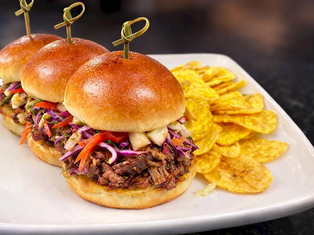 The image shows three sliders with coleslaw on a plate, accompanied by a side of plantain chips.
