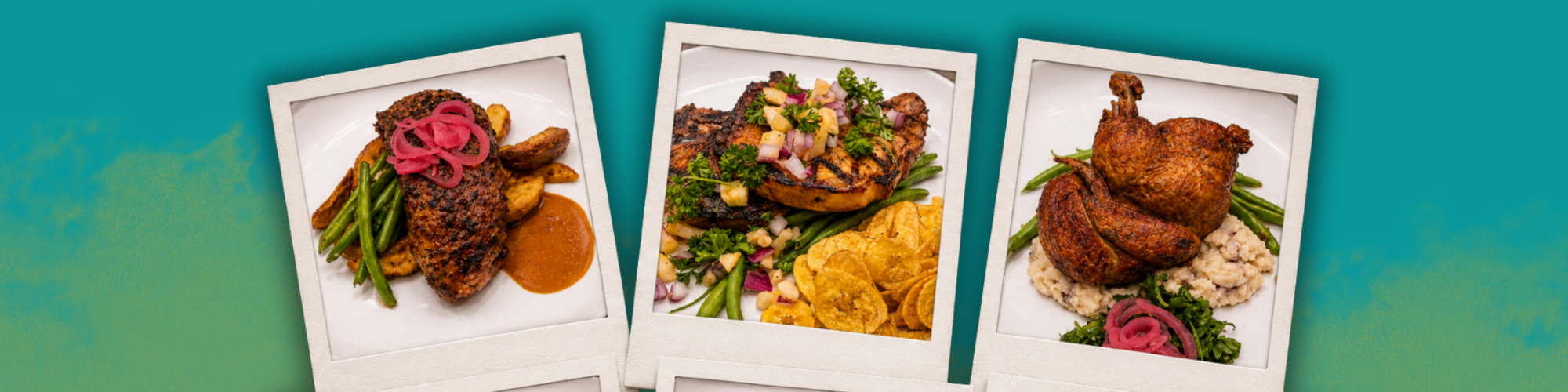 The image shows three plates with various cooked meats, vegetables, and garnishes, arranged in a collage style against a colorful background.