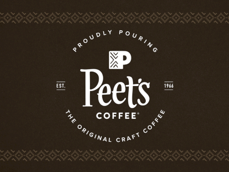 Logo for Peet's Coffee with text "Proudly Pouring" and "The Original Craft Coffee" on a dark background, established in 1966.