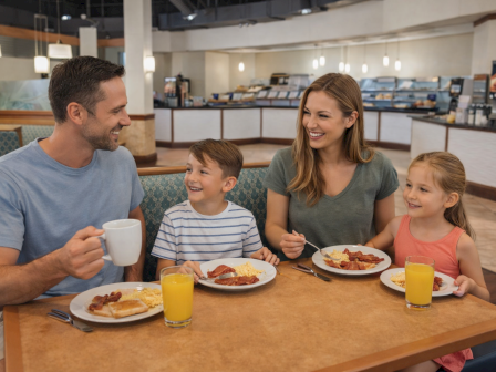 A family of four is enjoying breakfast in a restaurant, each with a plate of food and drinks, smiling and talking together.