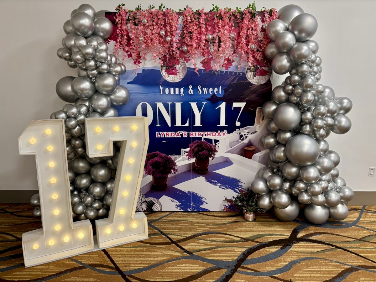 The image shows a "Young & Sweet, Only 17" birthday decoration with silver balloons and a large illuminated "17" sign.