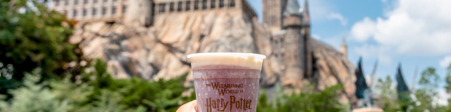 A hand holding a "Wizarding World of Harry Potter" branded drink, with a castle resembling Hogwarts in the background on a sunny day.