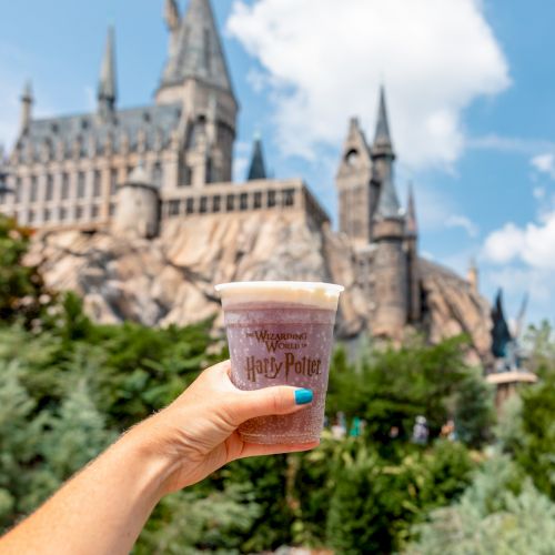 A hand holding a themed cup of beverage in front of a large castle, surrounded by lush greenery and a partly cloudy sky in the background.