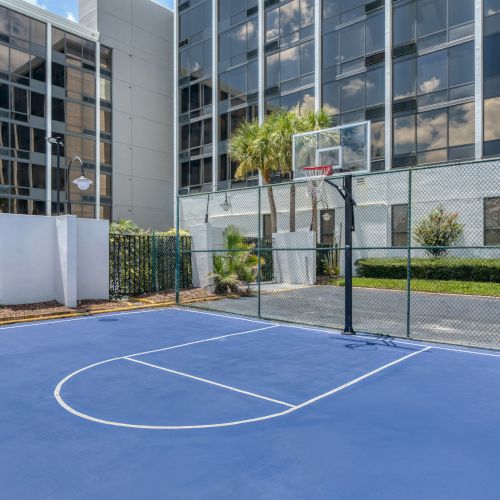 The image shows an outdoor basketball court with a blue surface and a hoop, surrounded by a fence and buildings.