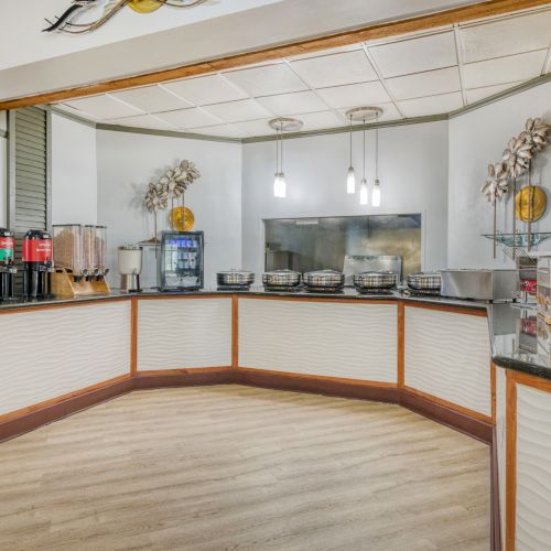 The image shows a buffet area with coffee dispensers, juice machine, chafing dishes, fruits, and decorative elements.
