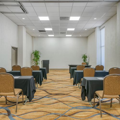 The image shows a conference room with rows of chairs and tables covered with dark cloths, plants, and a speaker's podium at the front.