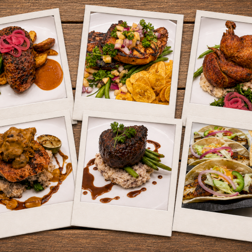 The image shows six photos of various plated dishes, including meats, sides, and tacos, arranged like Polaroid pictures.